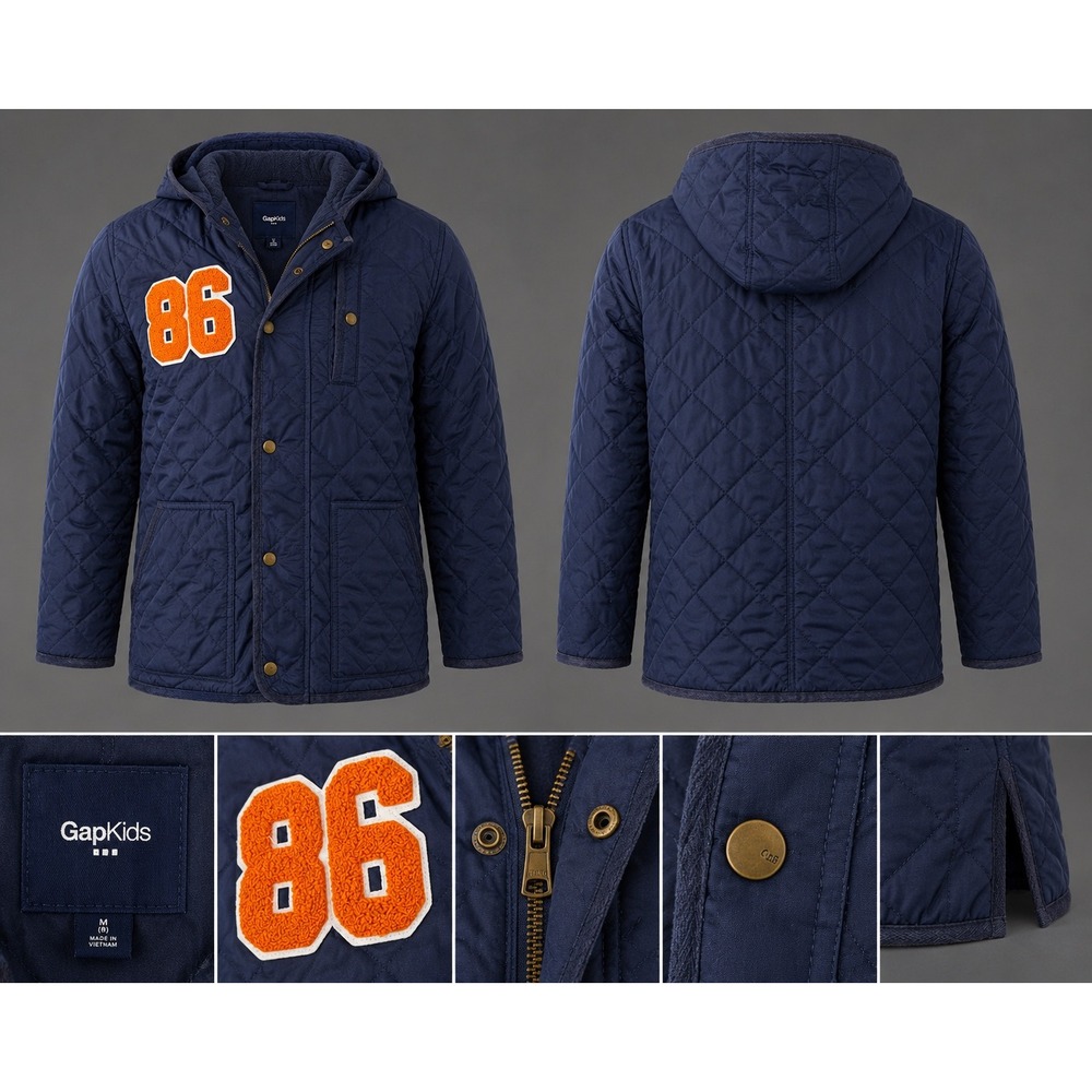 Gap Kids Quilted Hooded Jacket Navy Blue 86‎ Patch Zip Puffer Coat Boys M 8/10
